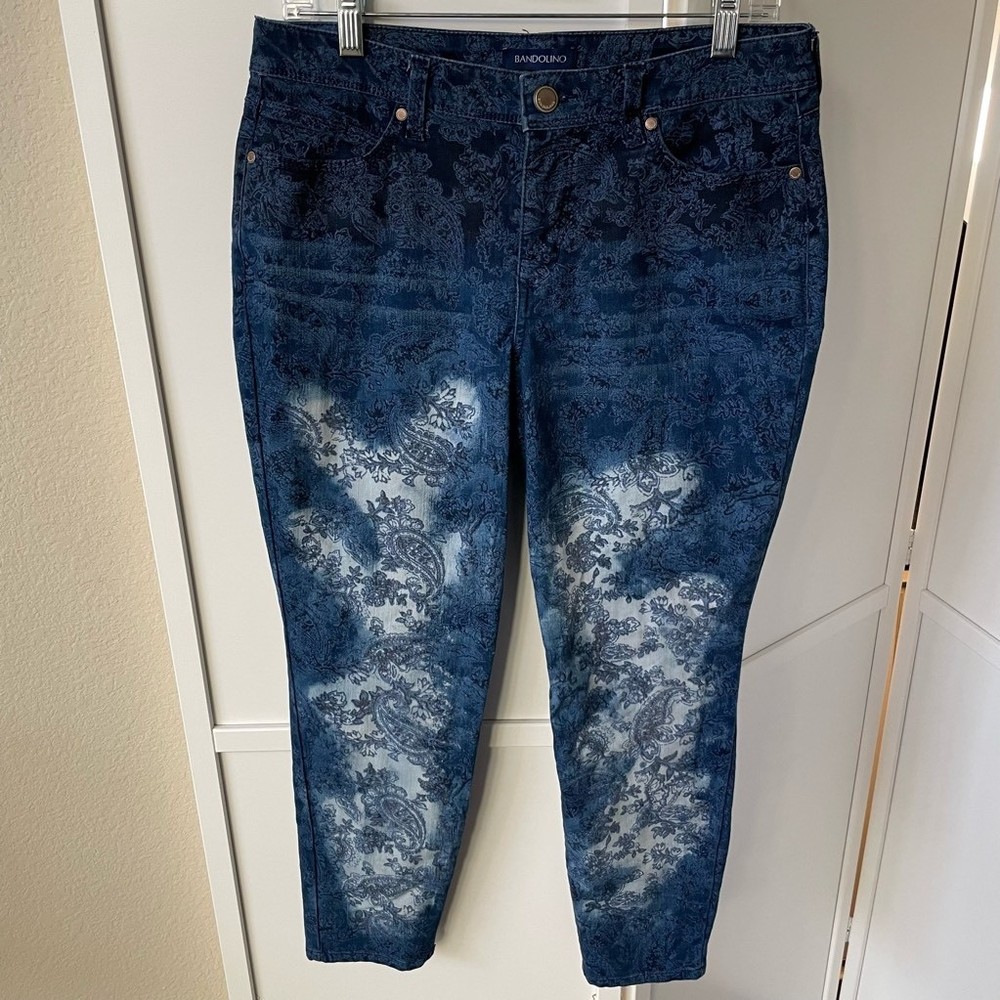 Bandolino Women Lisbeth Crop Jeans Blue Ombre Paisley Stretch Pockets Denim Sz 6